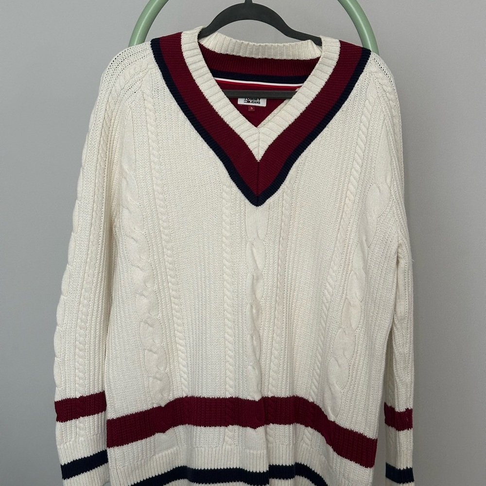Tommy Hilfiger V-Neck Sweater in White with Red and Black Stripes